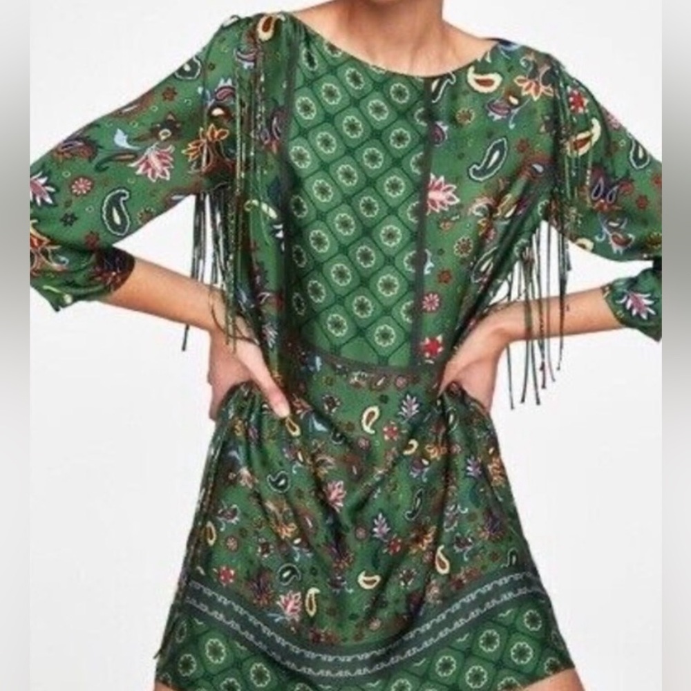 Zara NWT Green Paisley Print Bohemian Mini Dress - Picture 2 of 7